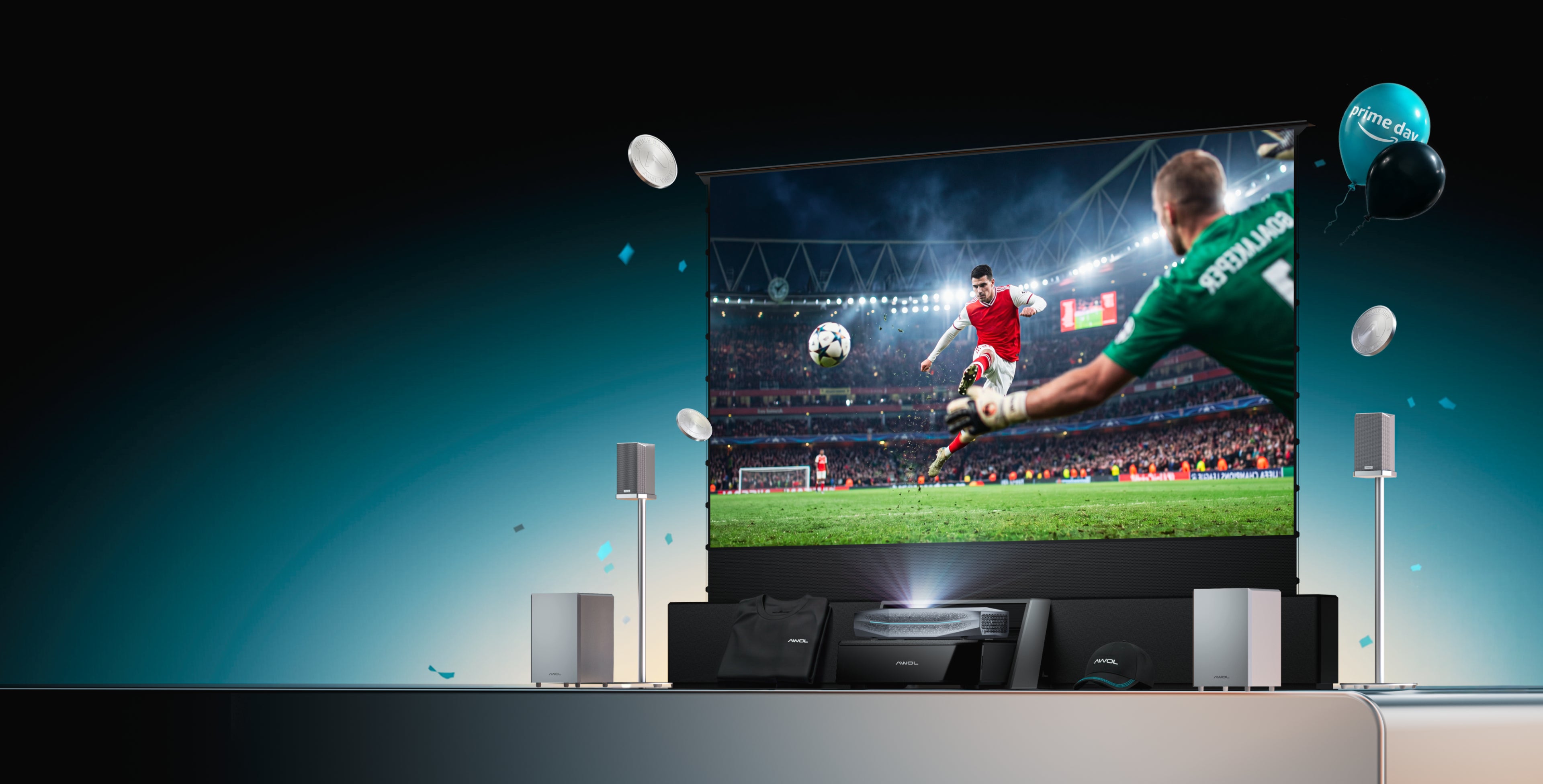 AWOL Vision Prime Day home cinema bundle with projector, screen, speakers and a live football match on the big screen.