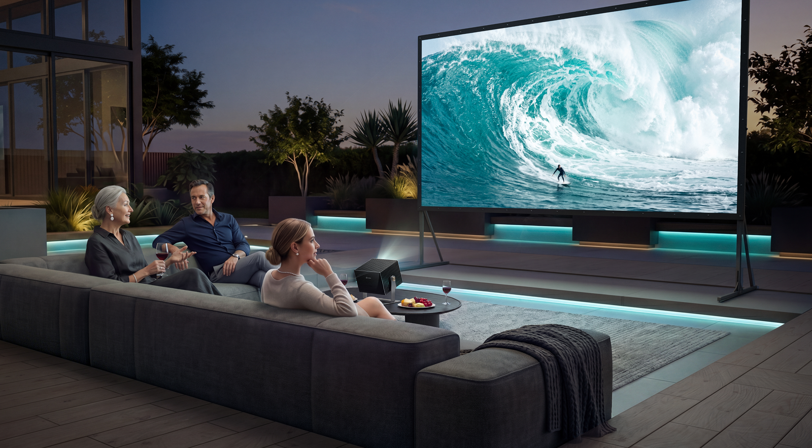 Outdoor cinema setup with an AWOL Vision projector and large screen showing ocean waves on a luxury patio at night.