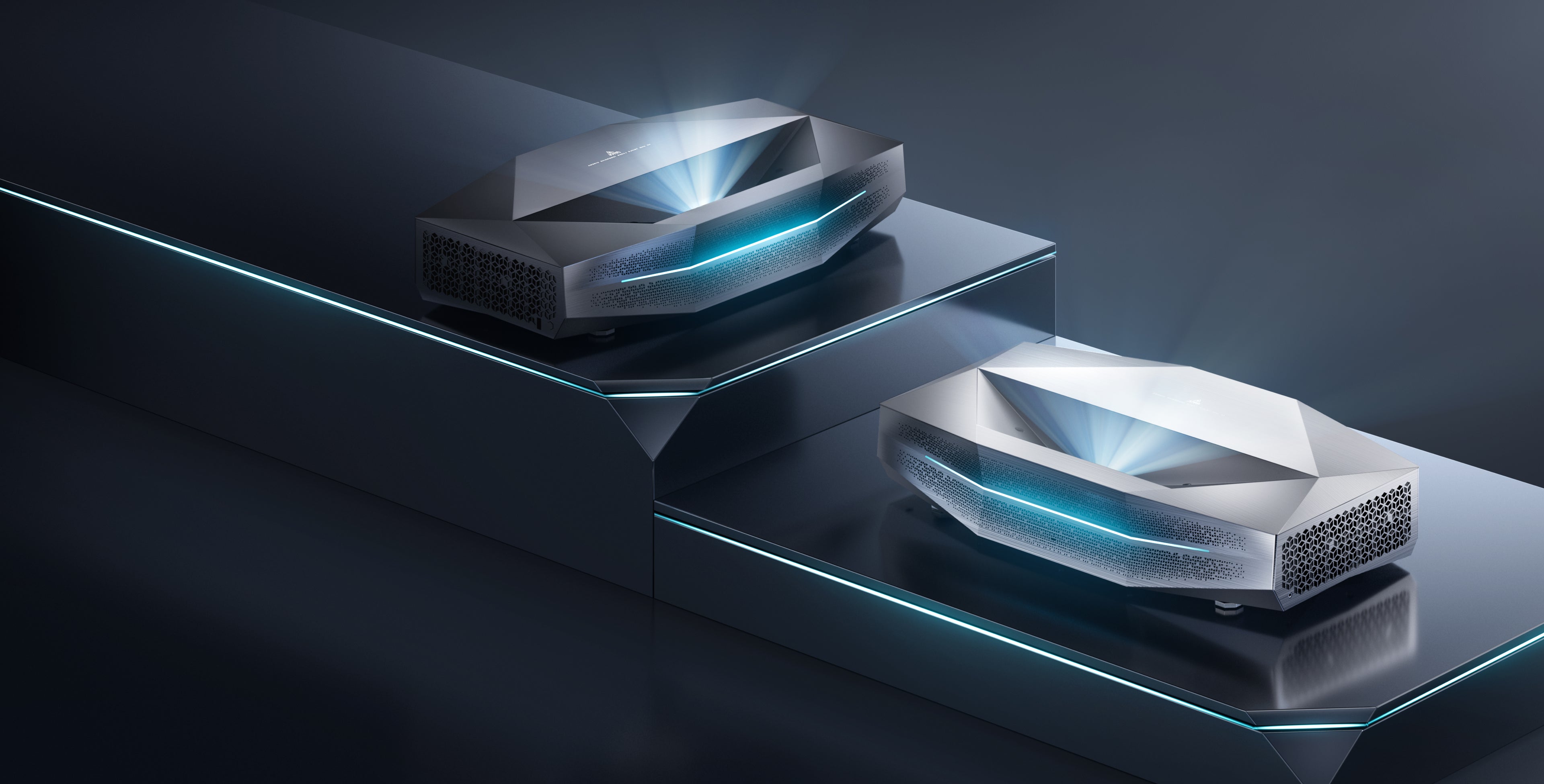 AWOL Vision 4K laser projectors displayed on a dark premium platform with blue light and sleek metallic design.